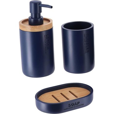 1 - Ensemble Accessoires Salle De Bain - Gobelet Distributeur Savon Porte Savon - Polyresine Bambou - Usage Quotidien Organisation Lavabo - Bleu Marine 20x15x10cm
