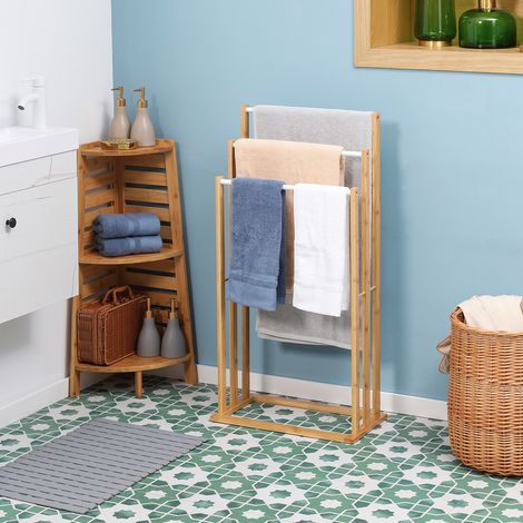 Porte-serviettes autoportante avec 3 tiges en bambou,naturelles,48x25,8x94cm,idéales pour la salle de bain et le bien-être