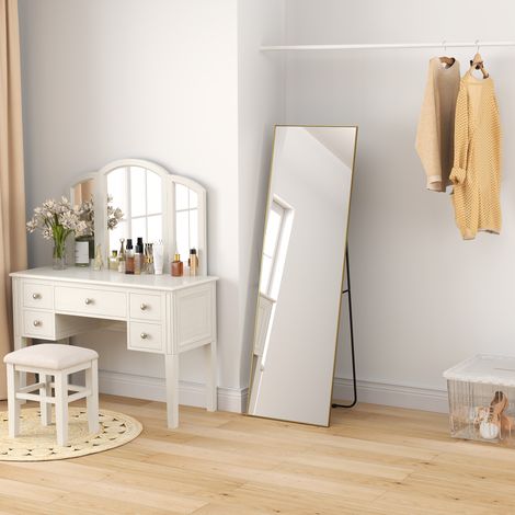 Grand miroir pleine longueur rectangulaire, 50 x 160 cm, miroir sur pied, mural ou pocé contre mur, doré