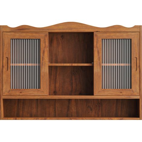 Armario de pared retro de 90 cm con 2 puertas correderas, madera y vidrio, marrón (1/5)