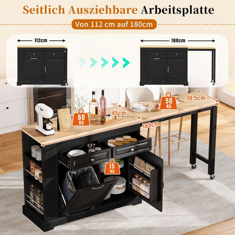 Île de cuisine roulante, table escamotable avec poubelle intégrée et tiroirs, îlot de cuisine mobile autoportant, parfait pour cuisine et salle à manger (Noir) (1/5)