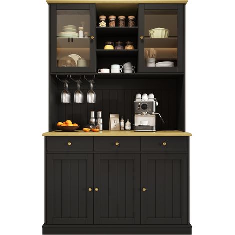 Credenza alta 120x40x191 cm in truciolare nero con ante in vetro, prese e USB - CHICFURN (1/5)