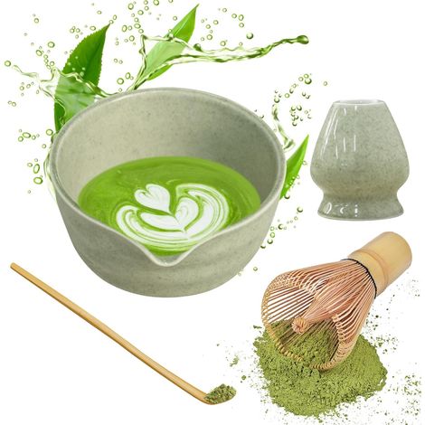 Kit service à thé japonais, bol à matcha 500 ml avec bec verseur, support pour fouet, fouet en bambou, cuillère en bambou, céramique glaçurée verte marbrée