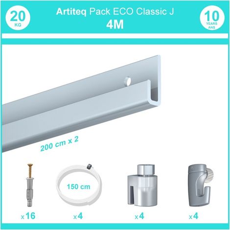 Pack complet 4 mètres cimaise Classic J couleur Aluminium - Suspension et déplacement facile de cadres et tableaux (1/5)