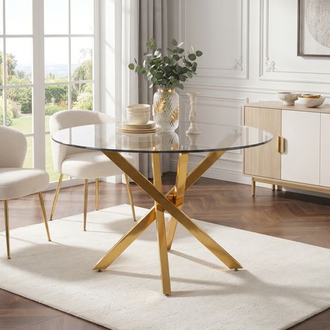 DESMIU Table de Salle à Manger Ronde en Verre Trempé avec Pieds Croisés Dorés, pour Cuisine et Salon (1/5)