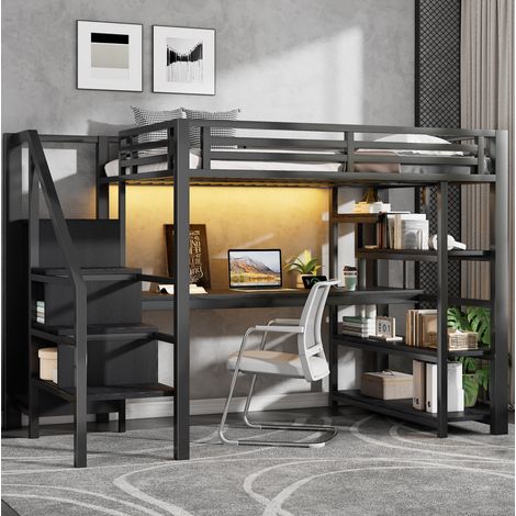 lit adulte mezzanine rangement 140x200 bureau noir OKMYHOME (1/3)