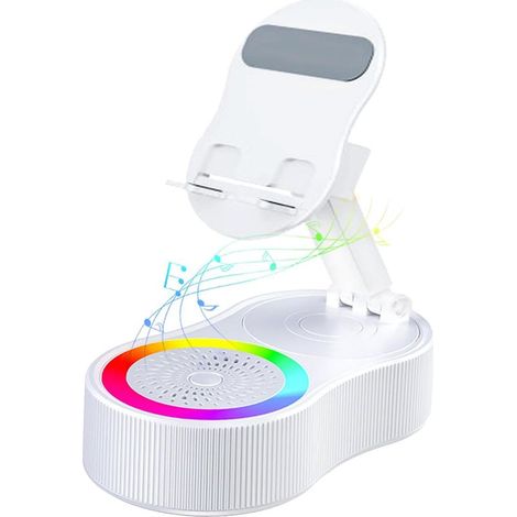 Support pour téléphone portable, version améliorée avec haut-parleur Bluetooth sans fil à induction, éclairage d'ambiance coloré, rechargeable en cas d'urgence, pliable à 360° Blanc (1/5)