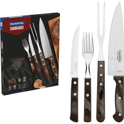 Ensemble de Couverts à Barbecue, 14 Pièces, Acier Inoxydable, avec Couverts à Steak, Fourchette à Découper et Couteau à Découper, Manches en Bois Naturel, FSC (1/3)