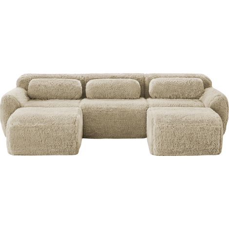 Modulares Sofa 3 Plätze aus Veloursstoff mit 2 Hocker, Rutschfeste Basis, Breite Sitzfläche und 3 Kissen, Hellkhaki (1/5)