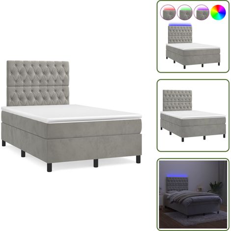 The Living Store Sommier à lattes de lit avec matelas LED gris clair 120x190 cm - Lit Plateforme - Lit Design - Lit Velours - Lit Avec Éclairage Led - Matelas À Ressorts Ensachés (1/5)