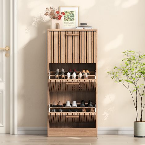 JOOKGBD-Meuble à Chaussures 60x24x113 cm,Armoire à Chaussures Étroite en Bois avec 3 Portes Aérées et Tiroirs,Meuble de Rangement Gain de Place pour Entrée et Couloir,Bois Naturel