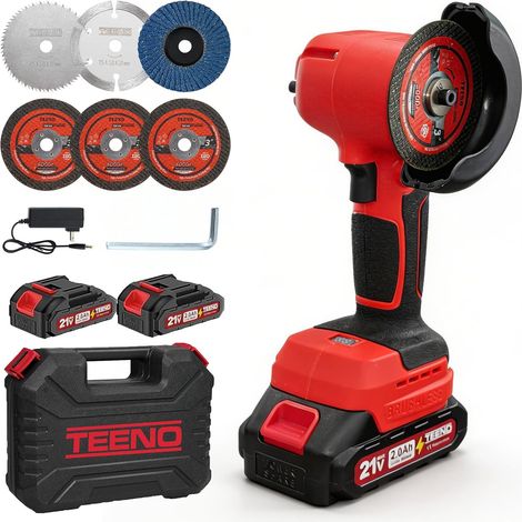 TEENO Meuleuse d'angle électrique filaire 21V à 19500 tr/min 75 mm, 2 batteries de 2000 mAh et 6 disques meuleuses, outil de coupe électrique adapté au métal, au bois et au carrelage (1/5)