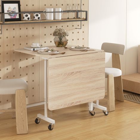 Mesa plegable con ruedas, mesa para portátil, mesa de comedor, incluye freno de bloqueo, color natural + blanco. (1/5)