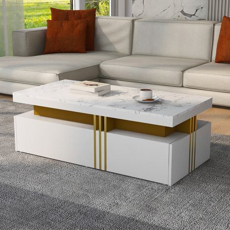 Modernluxe – Table basse fixe 100x50x40 cm avec 2 tiroirs – Panneaux de particules – Style scandinave – Motifs marbre – Blanc (1/5)