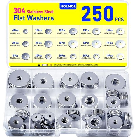Flache Unterlegscheiben aus Edelstahl – 250er-Packung – Edelstahl 304 – Vibrations- und korrosionsbeständig – für Kfz-Mechaniker und Heimwerker – verschiedene Größen M3 bis M12 (1/5)