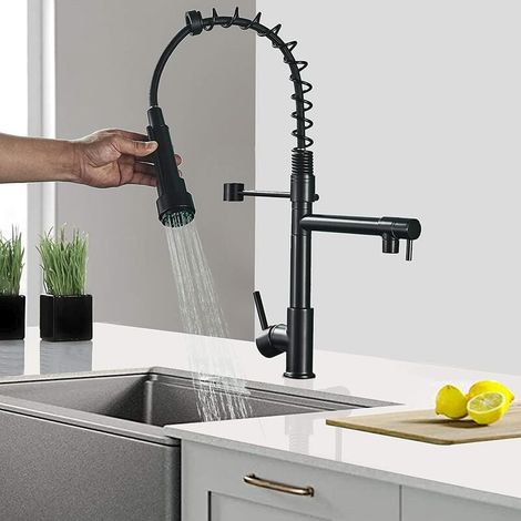 1 robinet de cuisine, noir mat, douchette extractible 360°, montage monotrou, laiton sans plomb, pour évier (1/5)