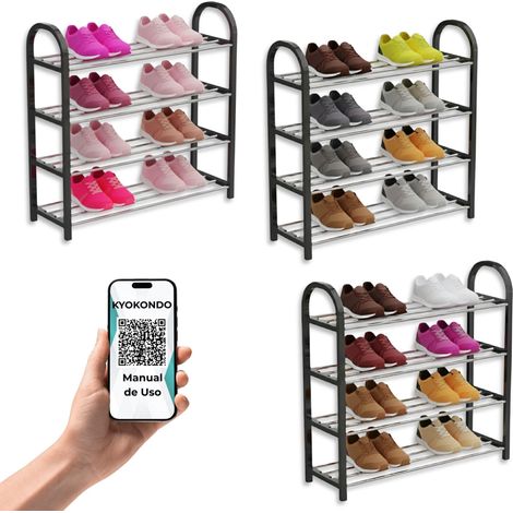 Étagère à chaussures Sapateira, Shoe Rack, 50 cm de large, pour 8 paires, étagère à chaussures, 4 niveaux, chromée et noire, organisateur pour petits espaces (lot de 3) (1/5)