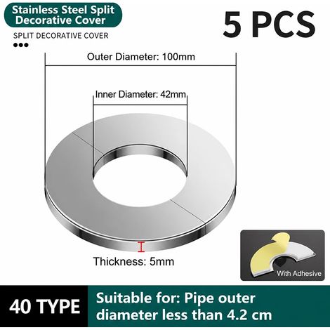 (5 pièces, type 40) Cache-trou de tuyau en acier inoxydable, plaque de dissimulation décorative pour robinet, climatiseur, tuyau d'eau à gaz. (1/5)