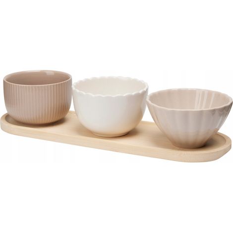 Set di 3 ciotole in ceramica su un tagliere in legno 28,5x9 cm (1/3)