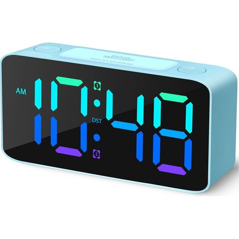 Réveil fort pour gros dormeurs adultes, horloge numérique RGB avec veilleuse 7 couleurs, volume réglable, chargeur USB, petit réveil de chevet pour chambre, réveil enfant ado (Bleu+RGB) (1/5)