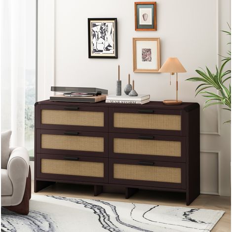 Commode en panneau de particules brun rougeâtre avec 6 tiroirs en rotin naturel, angles arrondis, 130 cm (1/5)
