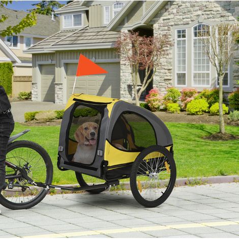 Remolque de bicicleta para perro 20 kg, 140 x 71 x 83 cm, amarillo, ventanas de malla OKMYHOME (1/5)