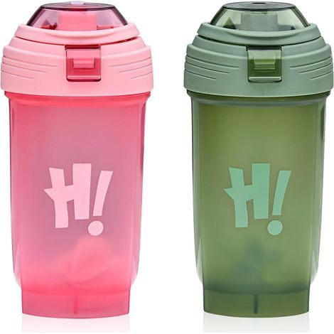 Lot de 2 bouteilles de shakers protéinés, 500 ml, pour l'entraînement, sans BPA, anti-fuite, bouteille d'eau, rose et vert (1/5)