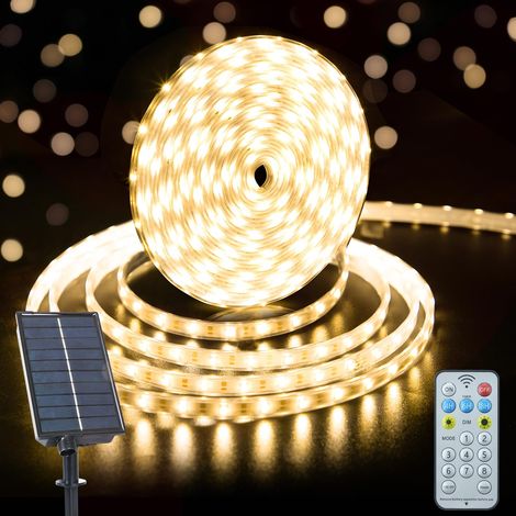 Bande lumineuse LED solaire d'extérieur de 15 m/50 pi, étanche IP65, avec minuterie, 8 modes d'éclairage,pour les patios et les cours (lumière jaune) (1/5)