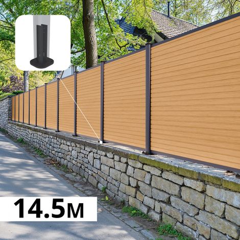 Kit Clôture Composite sur Muret SANTOS Cèdre 14,63x1,2m - Bois composite & Aluminium - Poteaux sur Platines Gris Anthracite - Brise vue