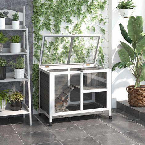 PawHut Cage à lapin clapier sur roulettes petit enclos animaux en bois massif 2 étages toit ouvrant plates-formes 91.5 x 53.3 x 73 cm gris