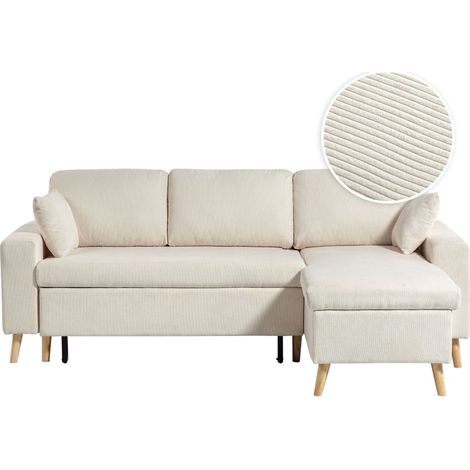 Loungitude – Canapé d'angle convertible 4 places réversible en velours côtelé – Grand coffre de rangement – Beige (1/5)