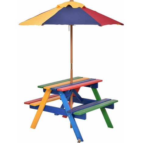 Un espace repas et jeux, table enfant en bois avec 2 bancs, 4 places et parasol pour jardin ou terrasse (1/5)