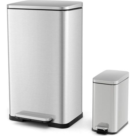 Lot de 2 poubelles à pédale 40L et 6L fonctionnement mains libres design moderne en acier inoxydable argent