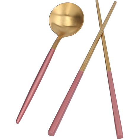 Ensemble de 2 couverts portables en acier inoxydable (fourchette et baguettes) rose et or, idéal pour l'école et les voyages. (1/5)
