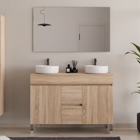 Meuble de salle de bain 120cm sur pieds avec plateau et deux cuves à poser rondes - portes et tiroirs - cambrian (chêne clair) - HARO (1/5)