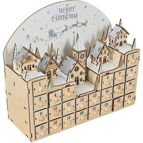 Calendrier de l'Avent en Bois avec Scène LED et 24 Tiroirs Surprise – Calendrier Compte à Rebours de Noël Lumineux, Décoration Festive avec Éclairage LED pour Enfants et Adultes (1/4)