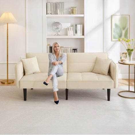 Schlafsofa 2-Sitzer beige aus Samt und Schaumstoff mit verstellbaren Rückenlehnen (1/5)