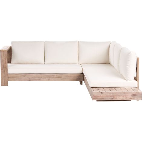 Outdoor Corner Sofa Set Light Certified Acacia Wood with White Cushions Right Hand 5 Seater Lounge Set with Side Table MARETTIMO (1/5)