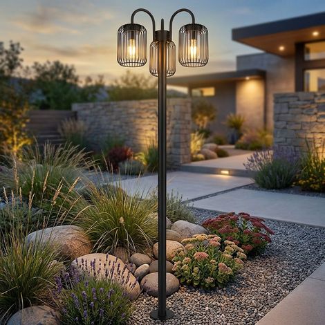 Stehlampe Laterne Außenlampe Retro Wegeleuchte Edelstahl Terrassenlampe wetterfest Gartenleuchte, Metallstäbe, schwarz, 3x E27 Fassungen, DxH 48,5x180 cm
