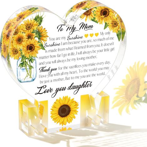 Plaque Acrylique - Coeur Avec Motif Tournesol - Pour Maman - 15 x 15 x 1,4 cm - Idéal Pour Fête Des Mères Anniversaire Noël - 1 Pièce (1/5)