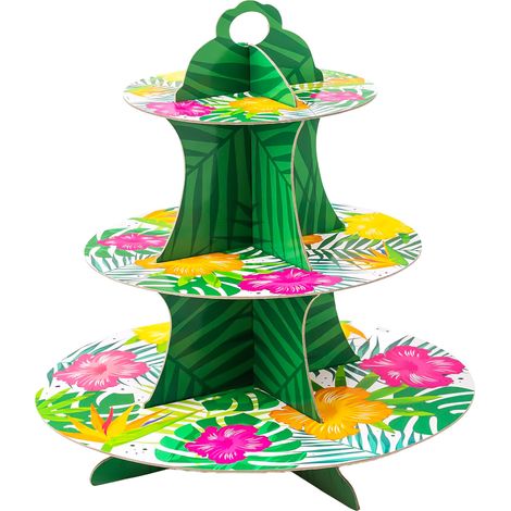 Présentoir à cupcakes à 3 étages, motif floral tropical, tour à desserts en carton sur le thème d'un luau hawaïen, porte-cupcakes estival en forme de feuille de palmier et de fleur pour la plage (1/5)