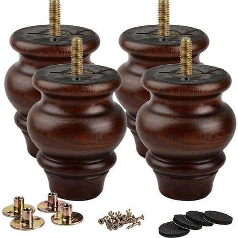 Pieds de meubles en bois de 3,5 pouces, pieds de table ronds en bois naturel en 4 pièces avec boulons pré-percés de 5/16 pouces (8 mm), vis et patins de protection de sol, adaptés aux meubles à monter (1/2)