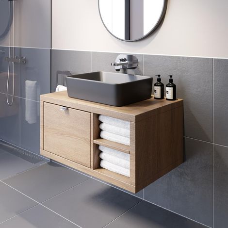 Bathroom Oak Wall Hung Vanity Unit and Basin Sink Cabinet Storage 800mm Right Hand Shelving Unit with 480mm Rectangular Black Basin