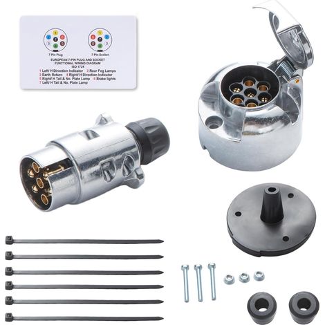 Kit de Fiche et Prise Remorque 7 Broches Métal Mâle Femelle, Norme ISO 1724-12V - Type N, Connecteur Remorque 7 pôles, pour RV Bateau Camion - Aluminium - Fermeture à Visser (1/5)