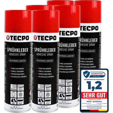 TECPO 6X Sprühkleber, 500ml Industriekleber, Kontaktkleber Alleskleber für Leder, Schaumstoff, Kunststoff, Metall, Papier, Gummi UVM.