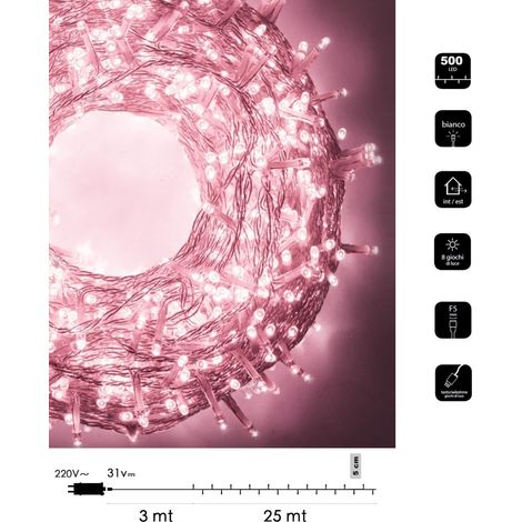 Catena di luci Natale 500 led cavo trasparente serie luminosa natalizie per esterno interno albero feste decorativa Rosa