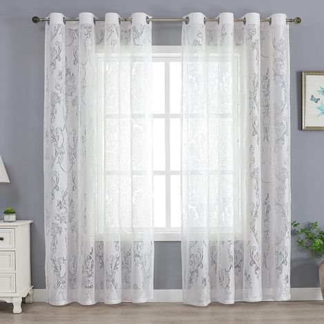 Blanc jacquard damassé motif perspective rideaux, h260 X w140 cm, lot de deux, rideaux en polyester translucide avec trous de 4 cm, salon, Chambre, salle à manger (1/5)