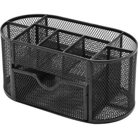 Organiseur de bureau à 8 compartiments, tiroir, métal grillagé, noir, fournitures de bureau (1/5)