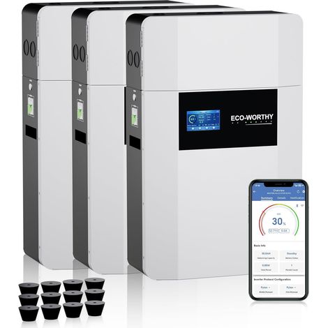 ECO-WORTHY 15,36kWh LiFePO4 Batterie 48V 100Ah für die Wandmontage in Innenräumen mit Anschlussdose Bluetooth und WLAN Kälteschutz für Netzunabhängige Systeme Notstromversorgung Hause(3pc)
