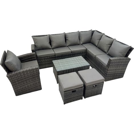 Fimous 9 Sitzer Hoher Rücken Rattan Gartenmöbel-Set Ecksofa mit Länger Couchtisch Hockern mit Sessel
